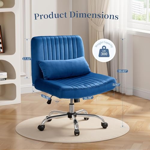Image of Velvet Criss Cross Desk Chair with Wheels, Luxury Cross Legged Office Office, Swivel Wide Seat Vanity Chair, Armless Adjustable Height Gaming Chair Gift, Dusty (1, Royal Blue)