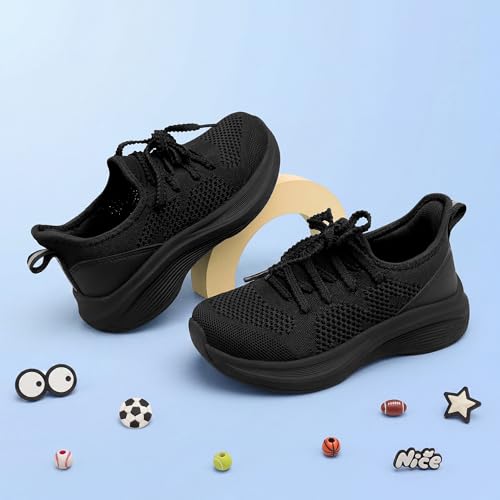 Stelle Girls Sneakers Kids Tennis Running Walking Shoes Slip-On Athletic Non Slip Lightweight Breathable Sport Shoes for Little/Big Kid(Black,4MB)