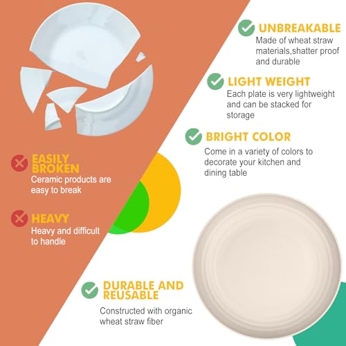 Image of Homienly Wheat Straw Plates 8 PCS Unbreakable Dinner Plates - 10 inch Dishwasher & Microwave Safe Plastic Plates Reusable Lightweight Roud Plates, Plates for Kitchen, Dinner, Outdoor,Picnic (Beige)