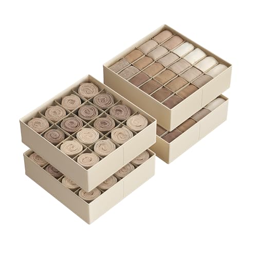 SONGMICS Juego de 4 Organizadores de Cajones, 80 Compartimentos (2x16+2x24), Cajas Plegables para Armario, 30 x 30 x 10 cm, para Calcetines, Ropa Interior, Corbatas, Beige Arena RUS011K01