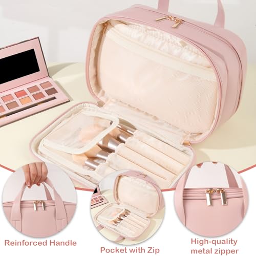 HERYEBING-Cosmetic-Bags-Large-Capacity-Makeup-Bag-PU-Leather-Waterproof-Toiletry-Bag-for-Women-Portable-Travel-Wash-Bag-Multi-Compartment-Makeup-Case-with-Handle-Pink