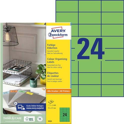 AVERY Zweckform 3450 Grüne Etiketten (2.400 Aufkleber, 70x37mm auf A4, permanent haftend, selbstklebende Farbetiketten, Papier matt, bedruckbare, farbige Klebeetiketten) 100 Blatt