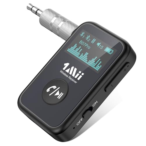 1Mii Aux Bluetooth Adapter Auto, Receptor Bluetooth 5.3 con aptX-HD, Pantalla OLED, Emparejamiento Dual, 14 Horas de Autonomía, Función Manos Libres, para Radio de Coche/Stereo/Altavoces