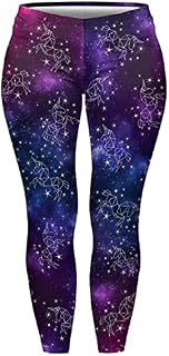 kukubird Plus Size Women's Gym Printed Design Cartoon Fitness Leggings Running Yoga Exercise Curve Pants Tights Size 14-18 Stretchable (Unicorn Galaxy Violet)