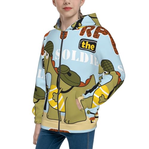 Tyrannosaurus Rex the Soldier Kids Pullover Hoodies Boys Zip Up Sweatshirts Girls Athletic Clothes with Pocket