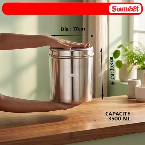 Image of Sumeet Stainless Steel Big Dabba /Canisters /Vertical Storage Container for Kitchen, 17cm Dia - 3500ml - (3.5Kg to 4Kg Approx)