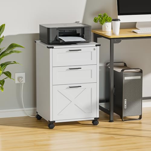 Small Wood File Cabinet with Lock, Nightstand with Charging Station, 3 Drawer Under Desk Lateral...