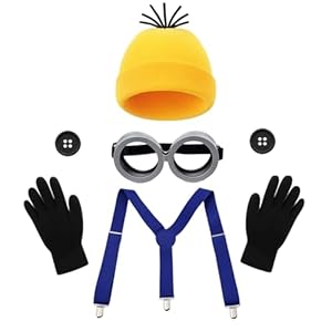 DvBCNMe 5 Karneval-Kostüme für Erwachsene mit Steampunk-Schutzbrille, gelben Strickmützen, schwarzen Handschuhen, Knöpfen und Schultergurten für Halloween-Karneval-Party-Ko...
