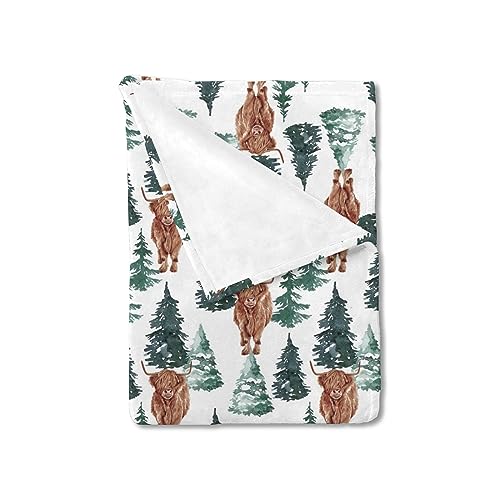 Image of HawSkgFub Winter Christmas Highland Cow Baby Blanket Boy Girl Gift, Pine Tree Western Farm Animal Flannel Fleece Nursery Bed Blankets, Soft Lightweight Newborn Infant Toddler Kid Crib Bedding 60 x 80