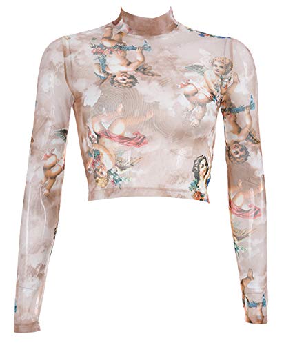 MIZOK Women's Long Sleeve See Through Shirts Star Printed Mesh Crop Tops Tee
