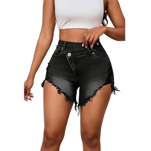 Image of PINSV Women's High Waisted Crossover Jean Shorts Ripped Hem Raw Denim Shorts