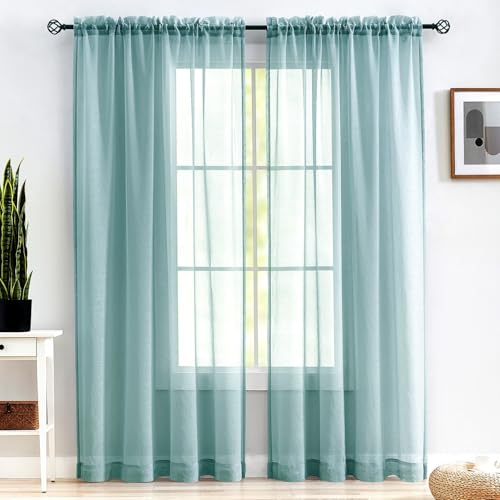 Image of MYSTIC-HOME Sheer Curtains 95 Inches Long, Window Treatments Rod Pocket Drapes for Living Room, Bedroom, Semi Crinkle Voile Curtain Panels for Yard, Villa, Parlor, Set of 2, 52 inchx95 inch, Grey Teal