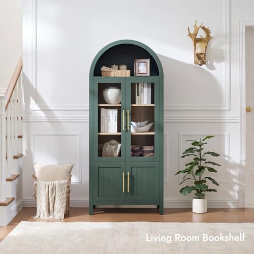 Image of 71 inch Tall Arched Display Cabinet, 5-Tier Bookshelf Modern Farmhouse Arched Bookcase with Glass Doors and Shelves, Wooden Pantry Storage Cabinet for Living Room, Office and Kitchen, Green