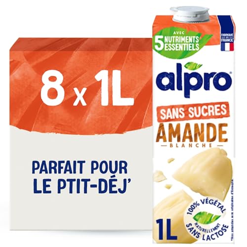 Alpro - Boisson Végétale - Lait d'Amande Non Grillée Sans Sucres - 1L - Lot de 8x1L