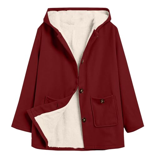 MXTPOV Womens Sherpa Lined Jacket Fleece Long Sleeve ButtDown Hooded Jackets Casual Winter Warm Outerwear Coats Red M