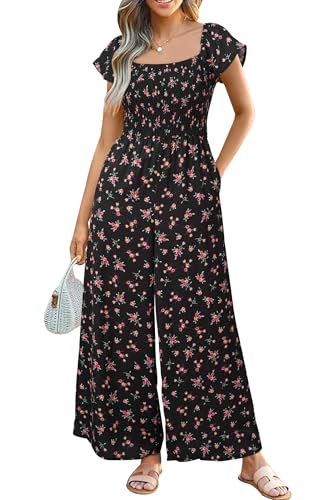 VOTEPRETTY Jumpsuits for Women UK Short Sleeve Square Neck Smocked Wide Leg Long Playsuit One Piece with Pockets Black Red Flower M