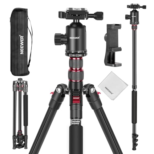 Image of NEEWER 77 inch Camera Tripod Monopod with Cell Phone Holder Compatible with iPhone for Video Recording, Compact Aluminum Travel Stand with Ball Head QR Plate Bag Cleaning Cloth, Max Load 34lb, TP77