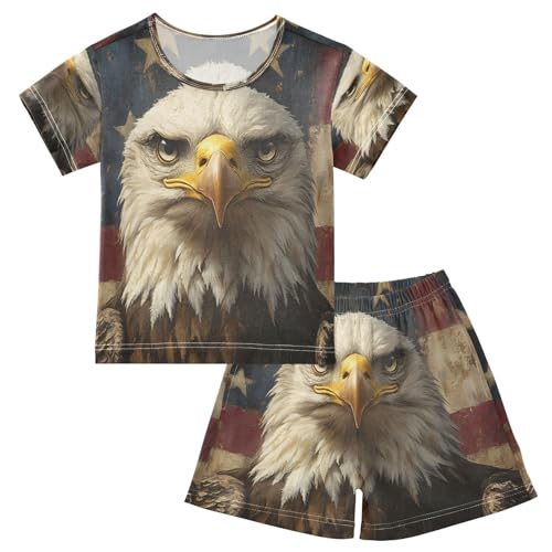 ALAZA Retro American Flag Bird Pajamas Set Short Sleeve Cotton Sleepwear Summer Pjs 2 Piece 5-14Y