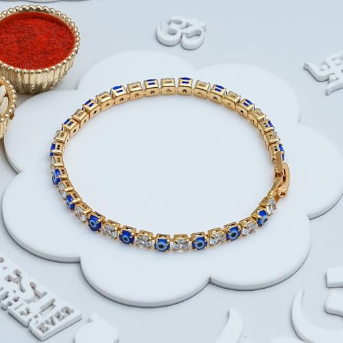 Image of eCraftIndia Navy Blue Diamond Evil Eye Design Bracelet Rakhi for Brother Bhaiya Bhai Bhabhi with Best Bro Ever Fridge Magnet | Roli Chawal Pack