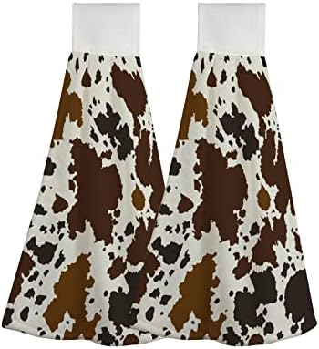 longlugoo Western Brown Black Cow Print Hanging Kitchen Dish Towel 2 Pack Hand Towels Soft Coral Velvet Decorative Hand Towels with Loop for Bathroom Tie Towel Absorbent Dish Towels