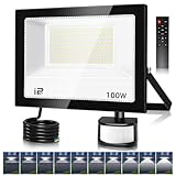 Projecteur Led Exterieur Detecteur de Mouvement et Télécommande 100W, 10000LM 7000K Spot LED Extérieur,Réglables 10 luminosité Eclairage Exterieur Blanc Froid Étanche IP67 pour Garage Jardin Noir