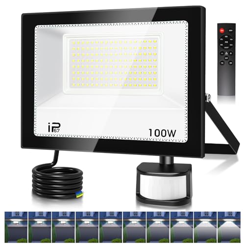Projecteur Led Exterieur Detecteur de Mouvement et Télécommande 100W, 10000LM 7000K Spot LED Extérieur,Réglables 10 luminosité Eclairage Exterieur Blanc...
