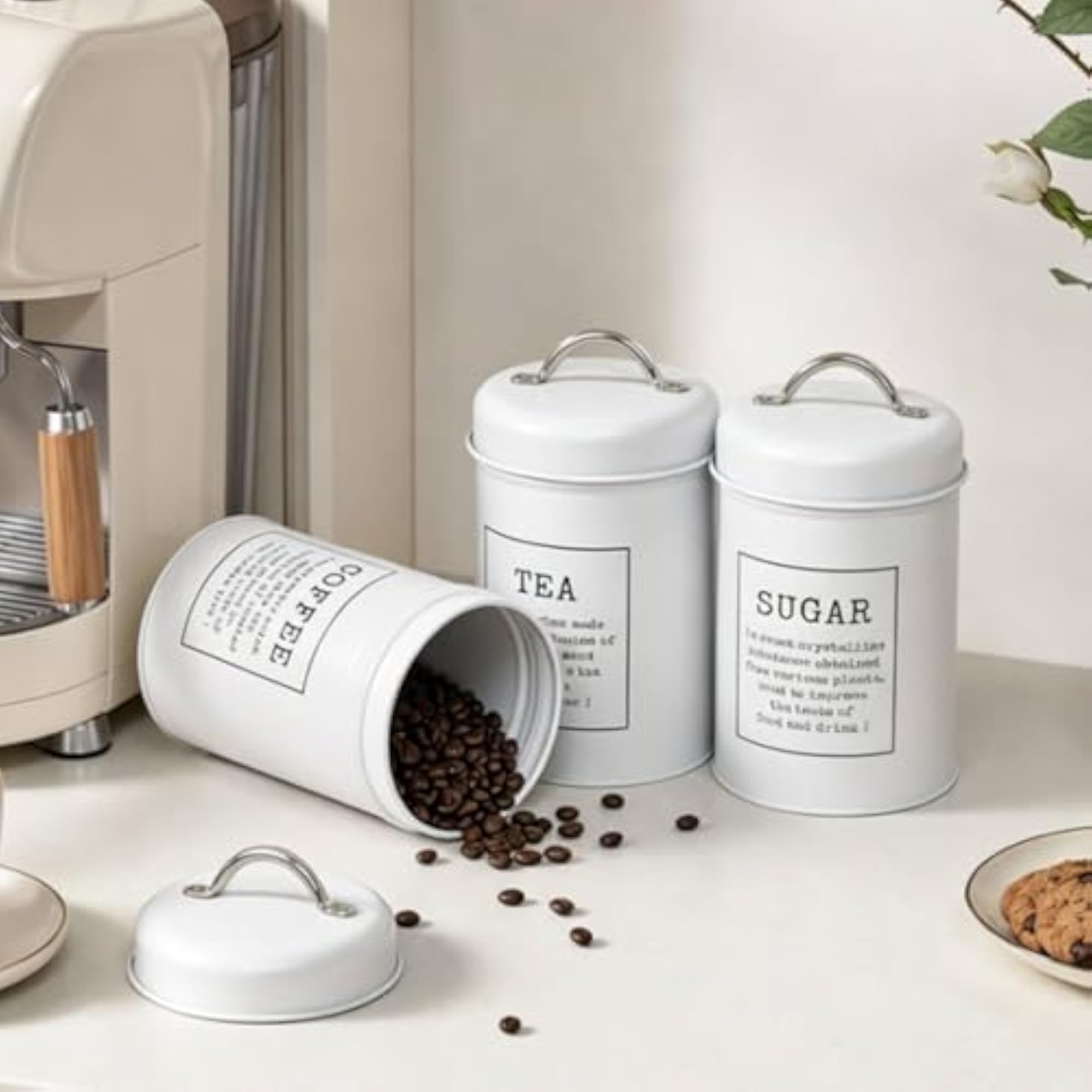 Arched Handles Kitchen Jar Set Printed 3-Pieces White Metal