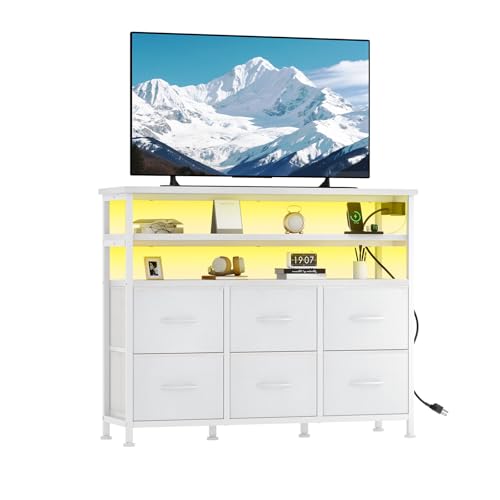 Image of NEWBULIG Dresser TV Stand with 6 Fabric Drawers and 2 Shelves, TV Media Console Table for Up to 45 inch, Entertainment Center with Charging Station for Living Room Bedroom, White