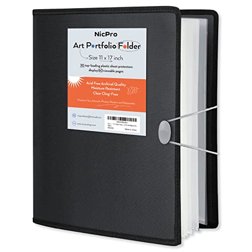 Nicpro Art Portfolio 11X17, Upgraded Large Portfolio Folder For Artwork With 30 Pockets Display 60 Pages, Presentation Book Binder With Protector Sleeves For Kids & Artists Drawing #TOP10