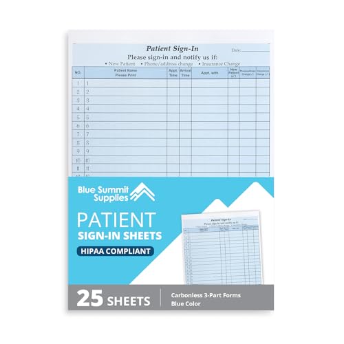 Blue Summit 25 Patient Sign in Sheets HIPAA Compliant Peel Off, Privacy Sign in Sheets for Doctors Office, Carbon Copy 3 Part Forms with Peel Off Adhesive Labels, Blue