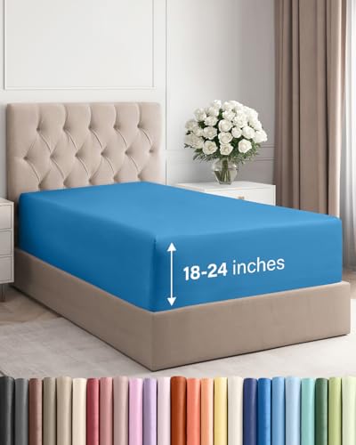 Image of Deep Twin XL Fitted Sheet - College Dorm Room Essentials - Denim Blue | Easily Fits 18 inch to 24 inch Mattress, Wrinkle Resistant, Soft, Breathable & Comfy, Extra Deep Pockets Fitted Sheet