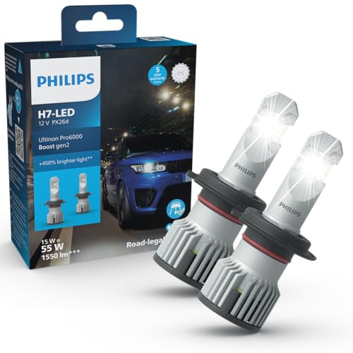 Philips Ultinon Pro6000 Boost H7 LED, 12V PX26d, bombillas LED automotrices, 1550 lm, +450% luz más brillante, 5 años de garantía