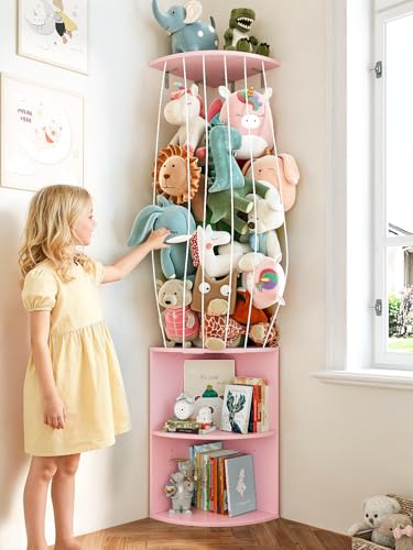 Image of 74.7 inch H Stuffed Animal Storage with 2-Tier Corner Bookshelf - Wall Mount Height Adjustable Plush Toy Organizer, Wooden Kids Bookshelf for Small Spaces Nursery Playroom Kids Room, Pink