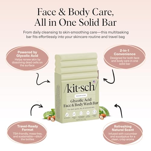 Image of Kitsch Glycolic Acid Face & Body Wash Bar - Resurfacing Bar Soap with Shea Butter for Smoother, Brighter Skin - Gentle Soap & Body Wash Women & Men Love - Cucumber & Eucalyptus Scent Bath Soap - 4 oz