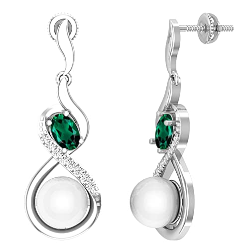 Dazzlingrock Collection Pendientes colgantes de perlas cultivadas de agua dulce redondas de 8 mm, piedra preciosa ovalada creada de 6 x 4 mm y diamante blanco natural redondo de 0,17 quilates para