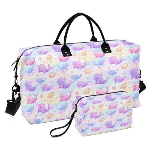 Cute Dolphin Seashell Bubble Large Travel Duffle Bag Weekender Overnight Bags Gym Yoga Bag for Women Men with Toiletry Bag
