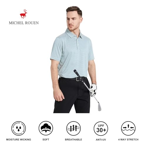 Image of Mens Golf Shirt Moisture Wicking Dry Fit Performance Sport Short Sleeve Striped Golf Polo Shirts for Men