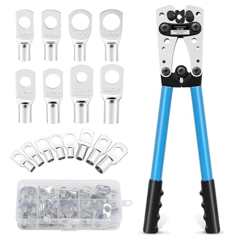 Polegas Battery Cable Crimping Tool Kit, Wire Crimping Tool with 60 PCS Copper Ring Terminals for Crimping Wire Cable from 6-50mm², Battery Cable Lug Crimper for Electrical Lug Crimper, Copper Lugs