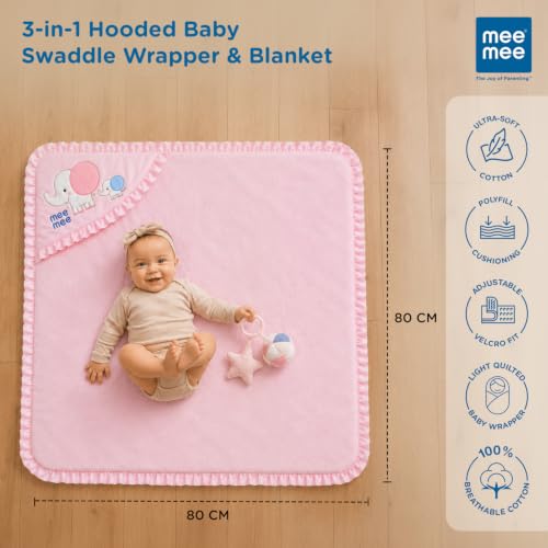 Image of Mee Mee 3-in-1 Baby Wrapper & Carry Nest for Newborns | Soft Breathable Cotton Swaddle with Hood and Cushion | Adjustable Tie-Up Design | Lightweight, Cozy & Easy to Carry (0-6 Months) (Pink)