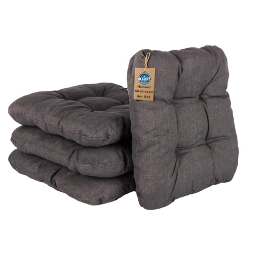 HLKauf 4 | 6 | 8er Set Sitzkissen 36x36x6 cm | weiche Kissen | Für Garten, Camping, Gastronomie oder Bistro | Oeko-Tex und Made in EU (Anthrazit & 1x HLKauf-Block, 4er-Set)