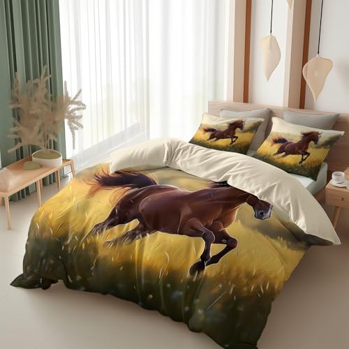 Srigzcaly Juego de ropa de cama de 200 x 220 cm, diseño de caballo camina sobre la hierba, de lujo, suave, microfibra, juego de cama para niños y niñas, color amarillo, con cremallera y fundas de