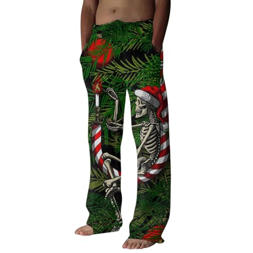 DUHENWU Pantalones de pijama de Navidad para hombre, diseño de calavera, suaves, cómodos, pantalones de pijama, otoño e invierno, informales, para casa con bolsillos, corte relajado, pantalones de