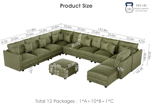 Image of LLappuil 11-Seat Modular Sectional Sofa with Storage, Oversized V-Shaped Corduroy Couch with 10 Throw Pillows, Pet-Friendly Convertible Pit Sofa for Large Living Room, Skin-Friendly, Green