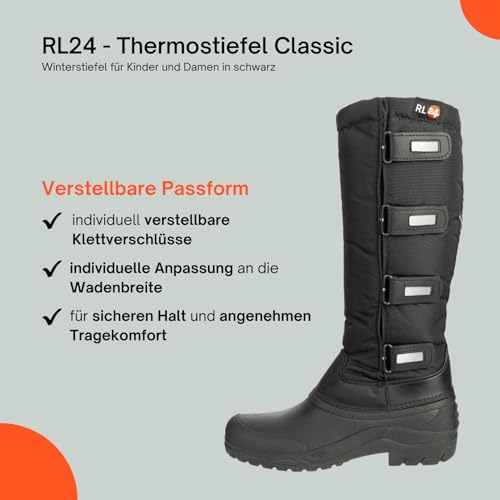 RL24 - Kinder & Damen Thermostiefel Classic schwarz | wasserdichte Winterstiefel | mit Klettverschlüssen für verstellbare Wadenbreite | gefütterte Schneestiefel | Reitstiefel in Größe 41