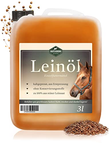 Martenbrown® Aceite de linaza prémium para caballos, perros y otros animales, en bidón XXL [3 litros] | prensado en frío y 100% puro y natural | Complemento alimenticio para animales