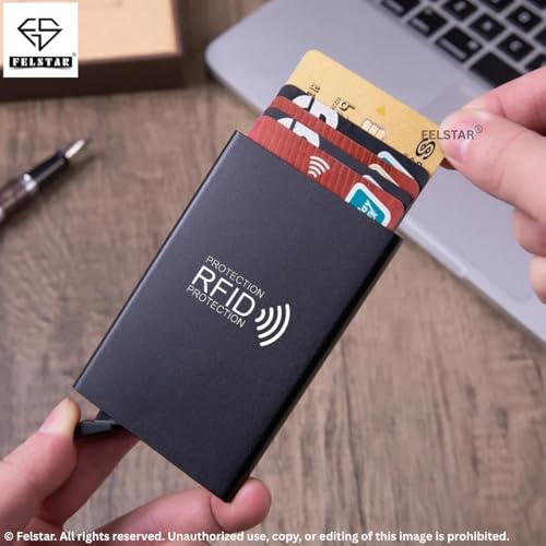 Image of FELSTAR Customized /Personalized Name Engraved Card Holder RFID Blocking Aluminum Pop Up Smart 6-7 Credit /Debit ATM Wallet for Men's and Women's Corporate Gift for Employees (RFID Blocking Print)
