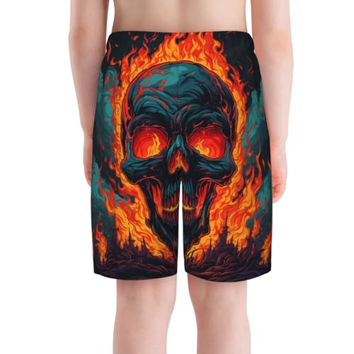 Boys Beach Shorts Quick Dry Swim Trunks Board Surf Summer Teen Kids, Gothic Skull On Fire Flaming4
