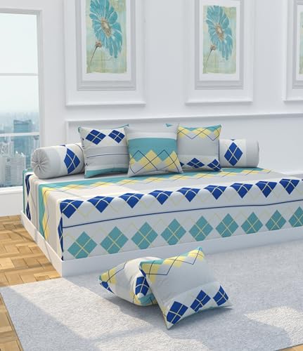 Image of VOMZER Diwan Set Covers Cotton 8 Pieces Cotton Feel Designer Printed Diwan Set (1 Single Bedsheet, 2 Bolster Covers, 5 Cushion Covers) Blue Box