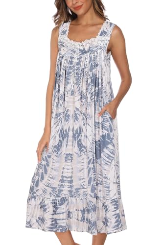 Image of AVIIER Cotton Nightgowns for Women Sleeveless House Dress Ladies Long Nightdress with Pockets S-XXL