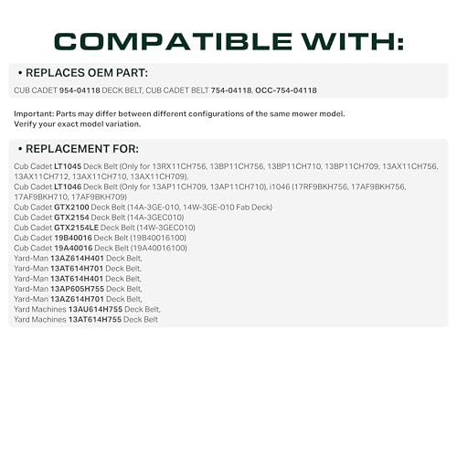 Image of UDC Parts 954-04118 Deck Belt Replacement for Cub Cadet LT1045 LT1046 754-04118 954 04118 GTX2100 GTX2154 GTX2154LE MTD Yard Man 13RX11CH756 13AX11CH712 13AP11CH709 / Aramid Cord / 122.50 inches